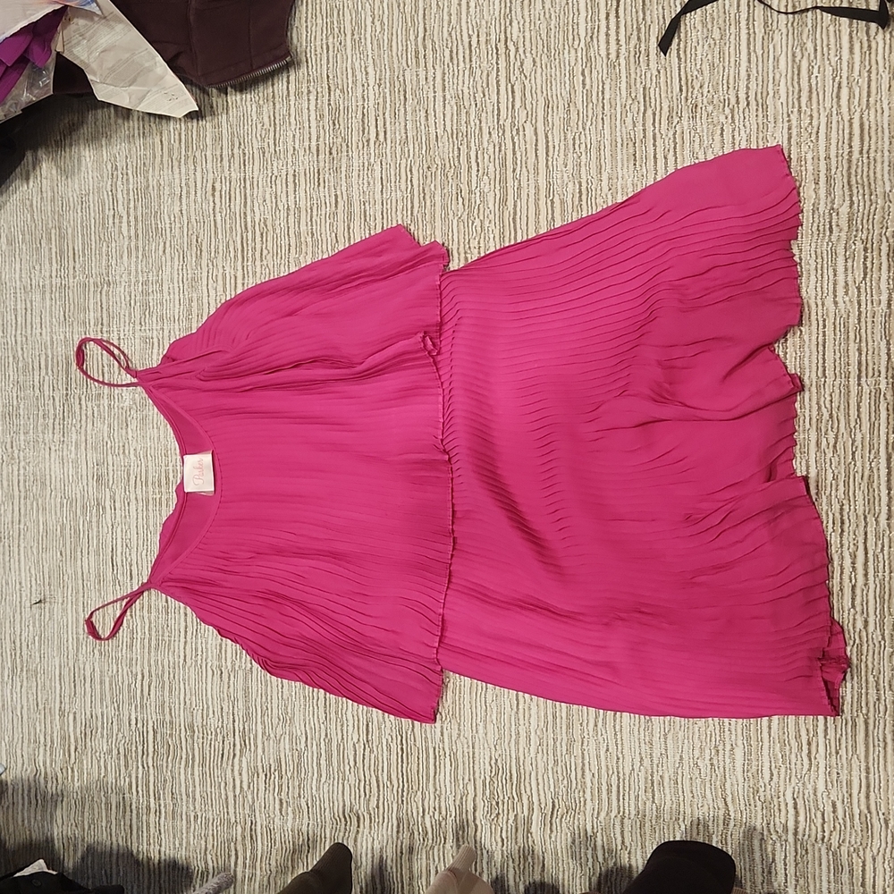 Hot pink pleated Parker mini dress with adjustable spaghetti strap sample size